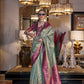 Paris Green Zari Tissue Silk Saree With Temple Border
