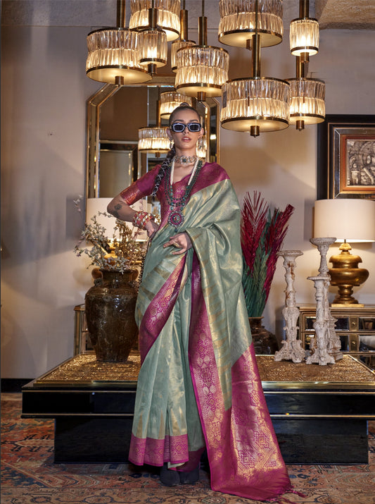 Paris Green Zari Tissue Silk Saree With Temple Border