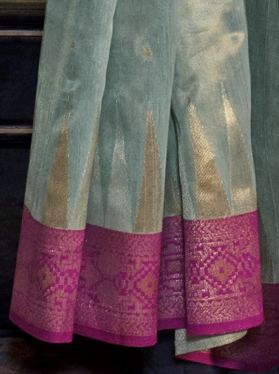 Paris Green Zari Tissue Silk Saree With Temple Border