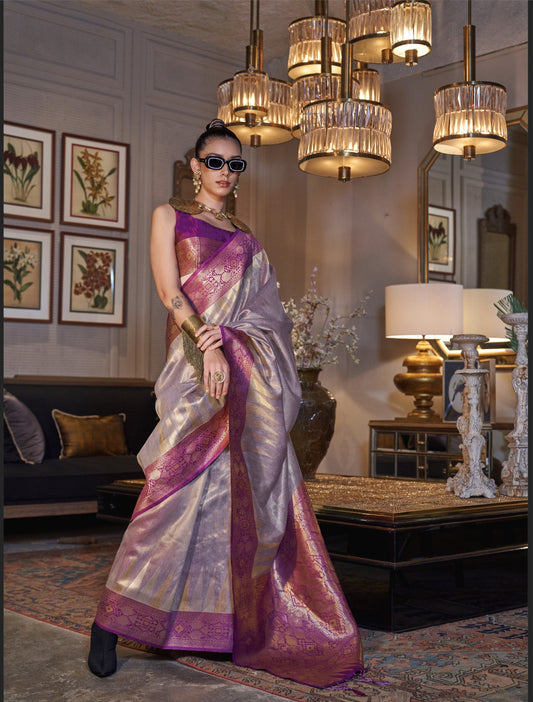 Lavender Zari Tissue Silk Saree With Temple Border