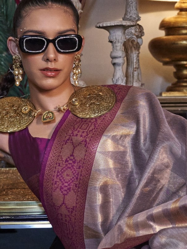 Lavender Zari Tissue Silk Saree With Temple Border