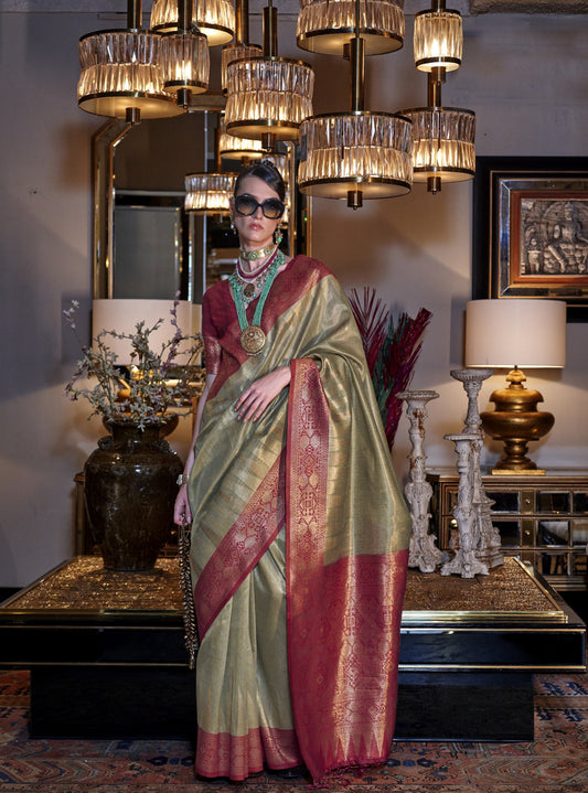 Olive Green Zari Tissue Silk Saree With Temple Border