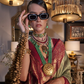 Olive Green Zari Tissue Silk Saree With Temple Border