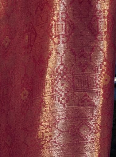 Olive Green Zari Tissue Silk Saree With Temple Border