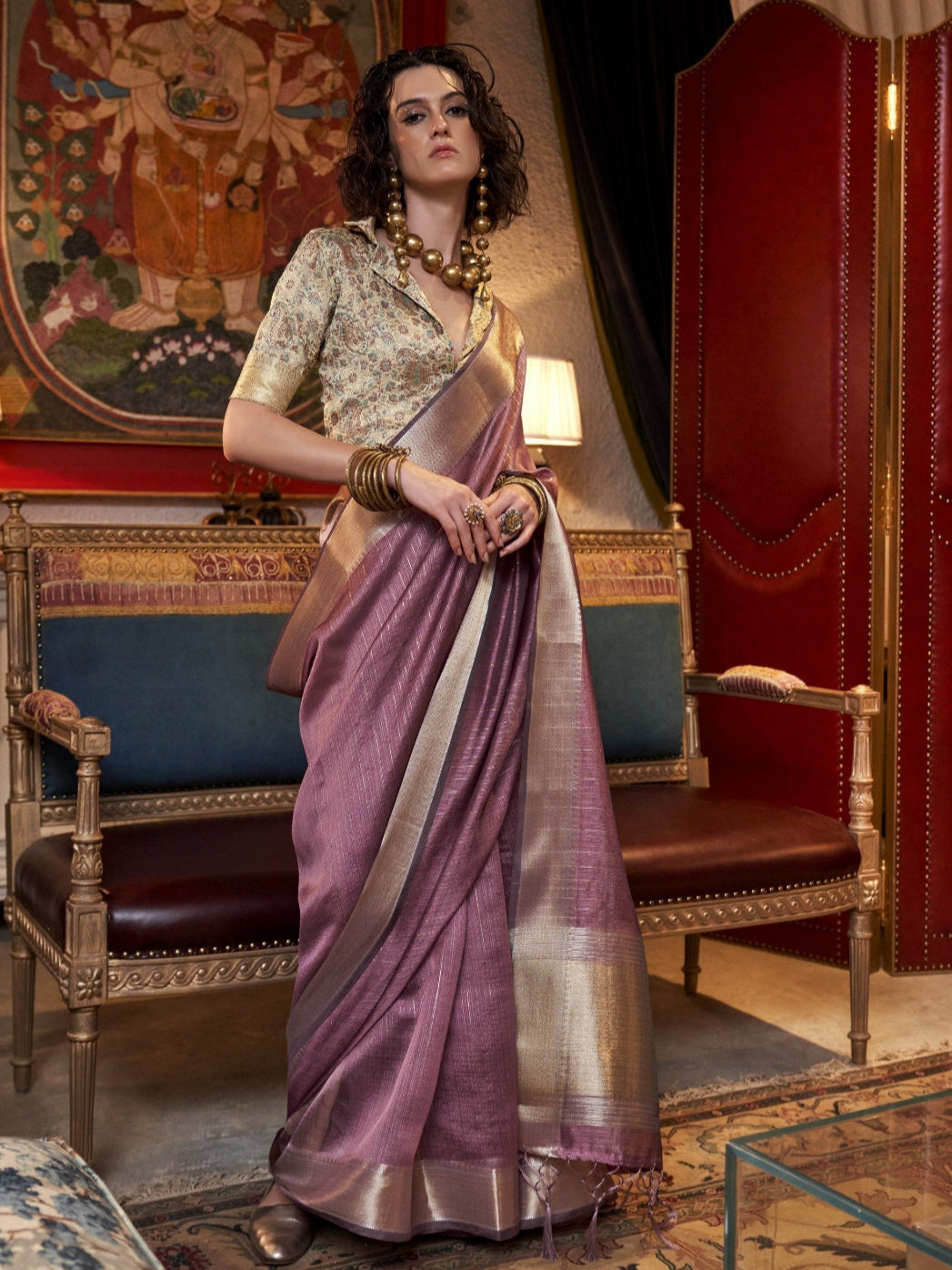 Buy Pastel Mauve Color Banarasi Sarees Online - STORI