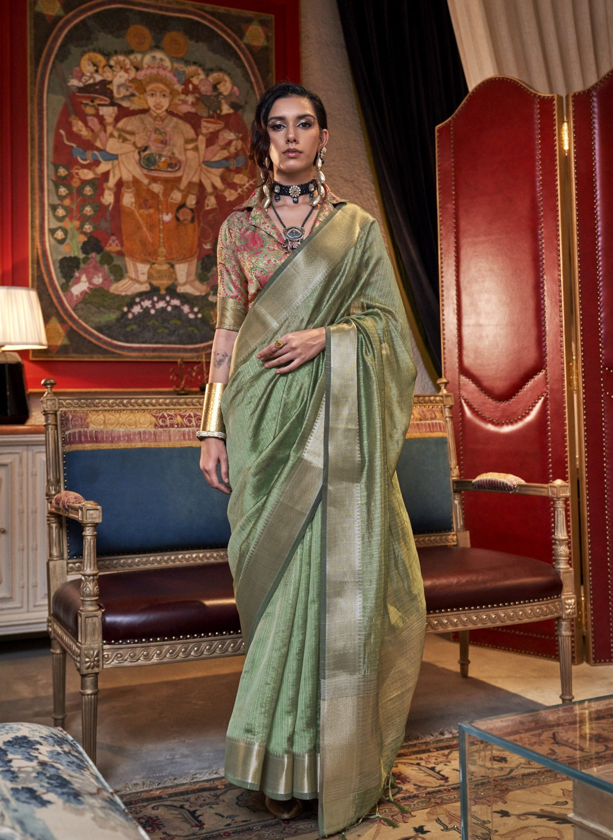 Pastel Green Woven Zari Border Chiffon Saree