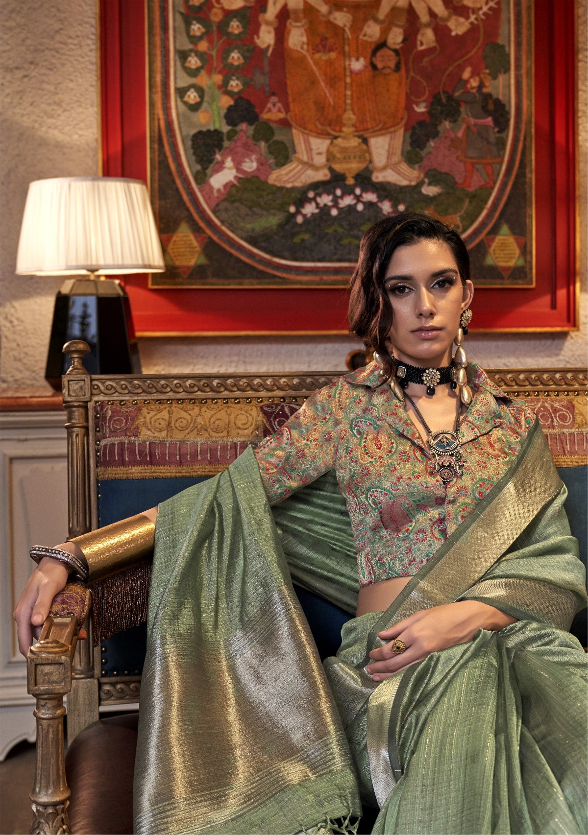 Pastel Green Woven Zari Border Chiffon Saree