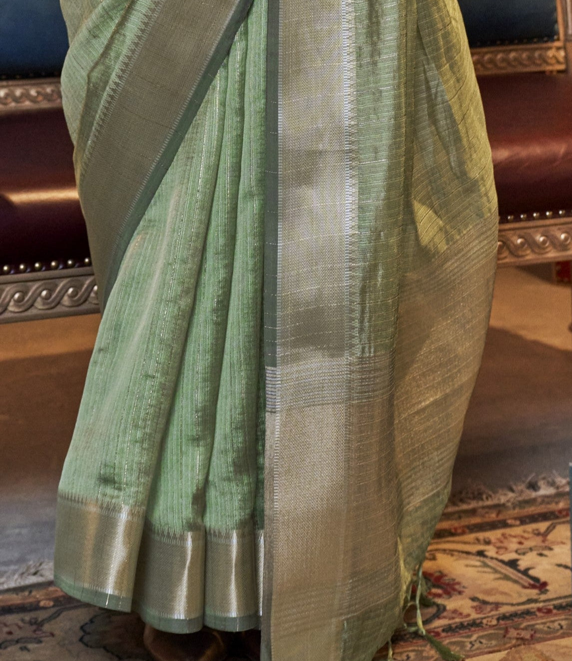 Pastel Green Woven Zari Border Chiffon Saree