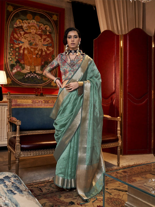 Rama Green Woven Zari Border Chiffon Saree