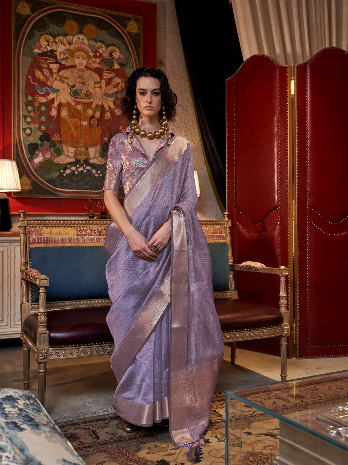 Pastel Lavender Woven Zari Border Chiffon Saree