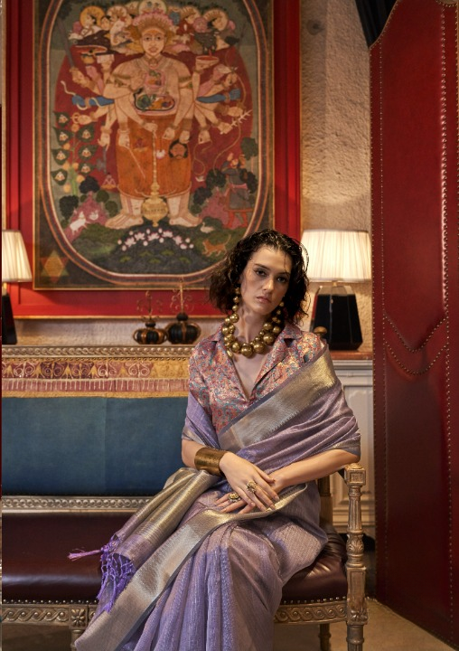 Pastel Lavender Woven Zari Border Chiffon Saree