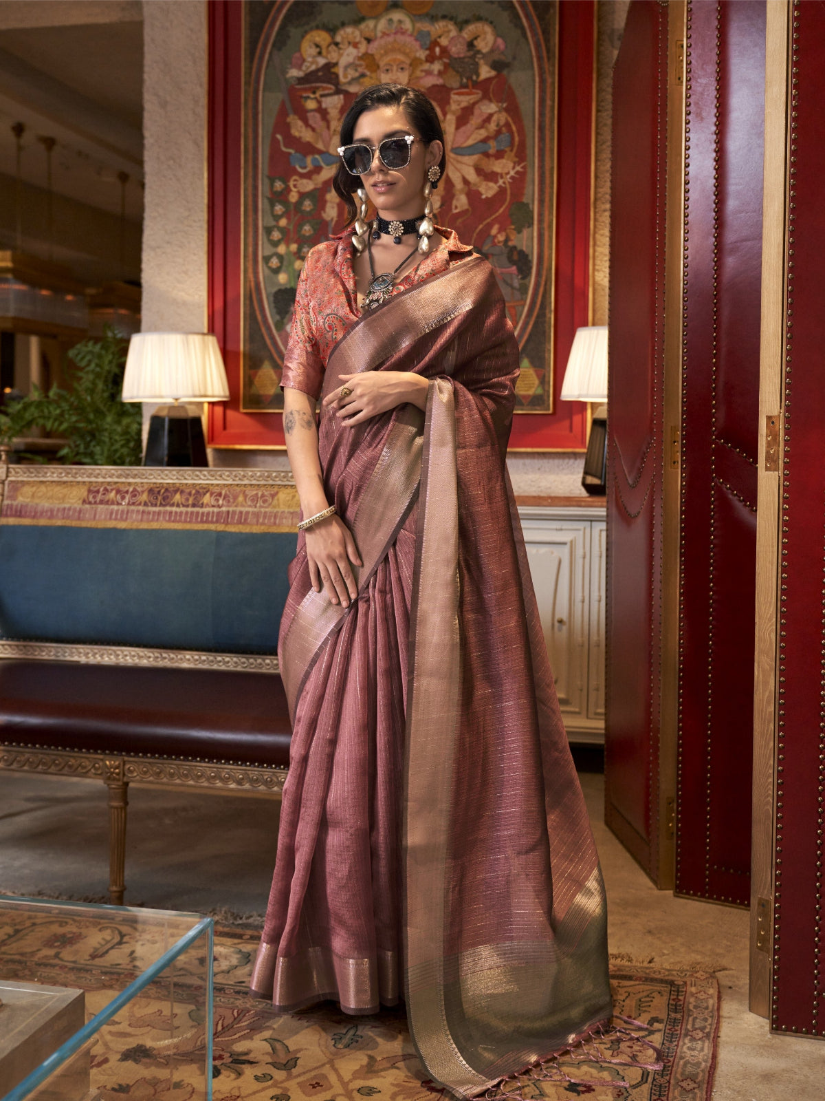 Pastel Brown Woven Zari Border Chiffon Saree