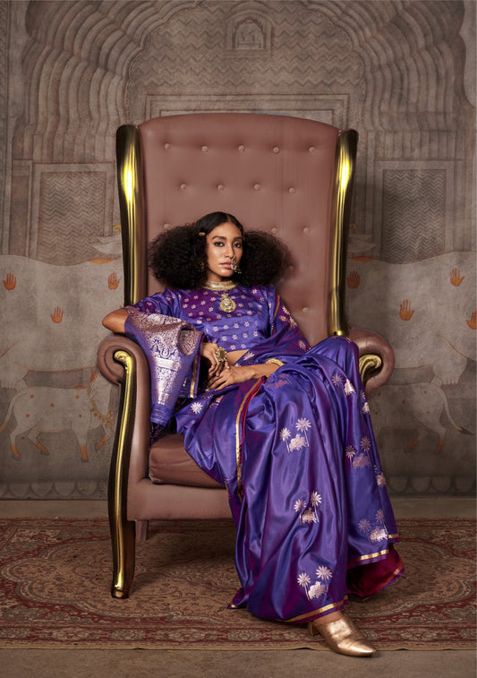 Pristine Purple Pichwai Motifs Satin Silk Saree