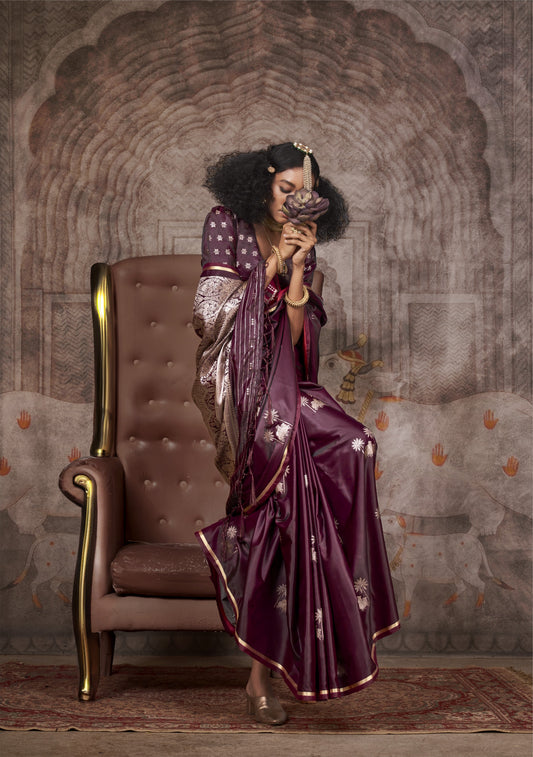 Deep Mauve Pichwai Motifs Satin Silk Saree