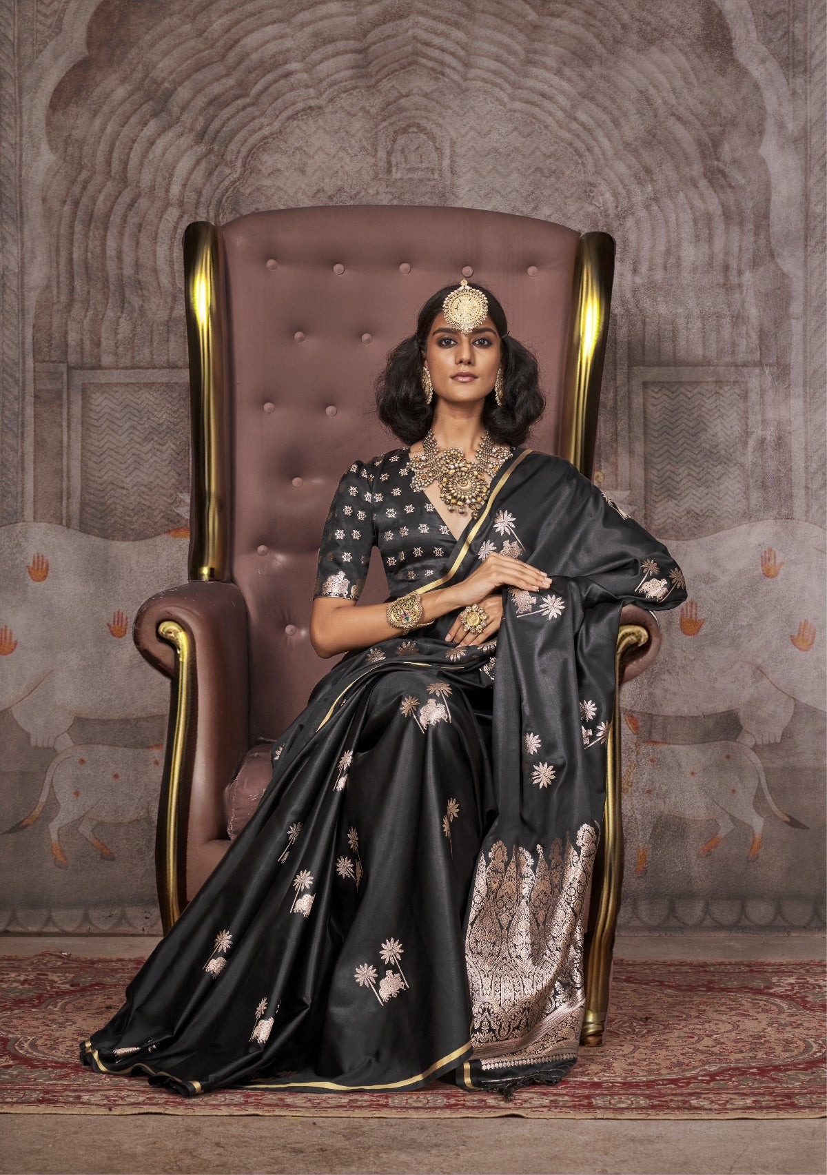 Charcoal Black Pichwai Motifs Satin Silk Saree