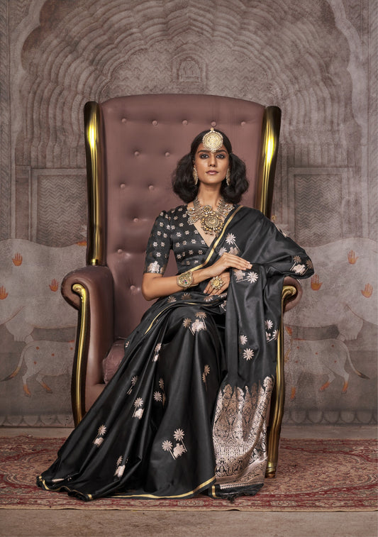 Charcoal Black Pichwai Motifs Satin Silk Saree