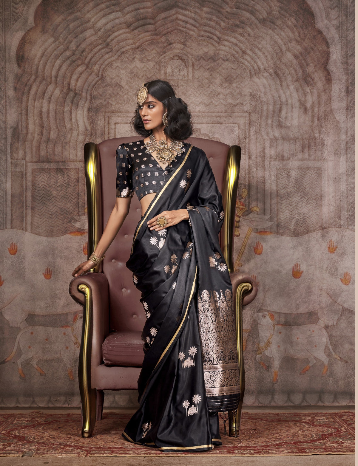 Charcoal Black Pichwai Motifs Satin Silk Saree