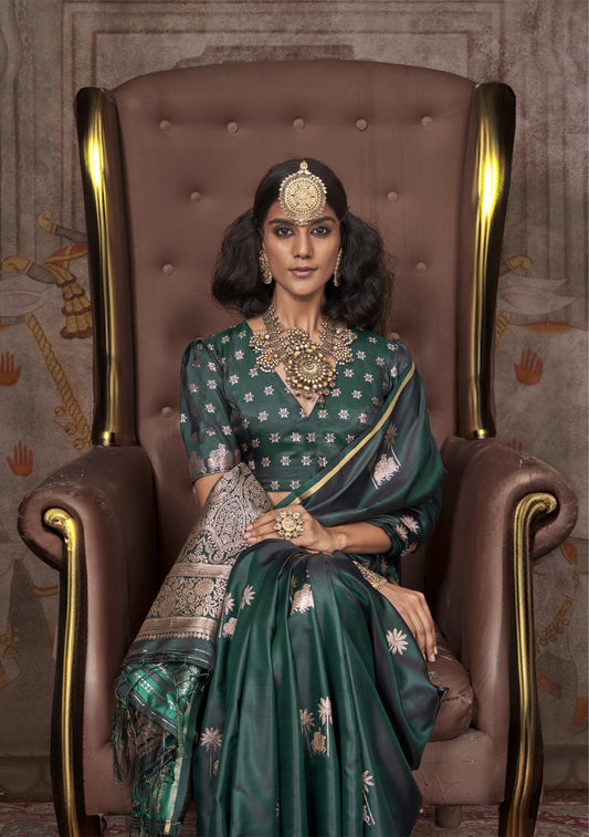 Dark Green Pichwai Motifs Satin Silk Saree