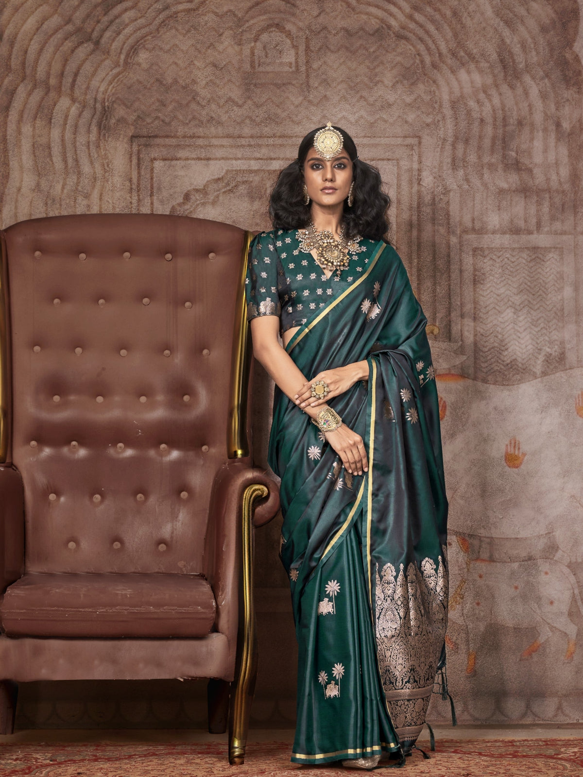 Dark Green Pichwai Motifs Satin Silk Saree
