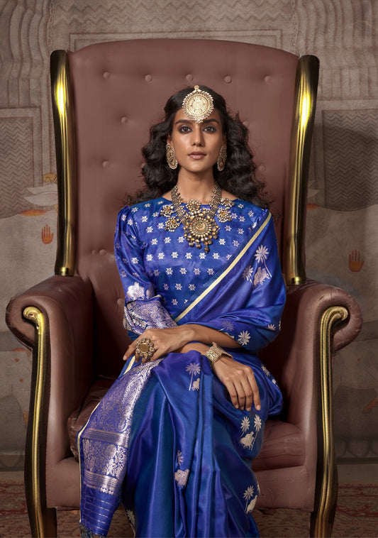 Teal Blue Pichwai Motifs Satin Silk Saree