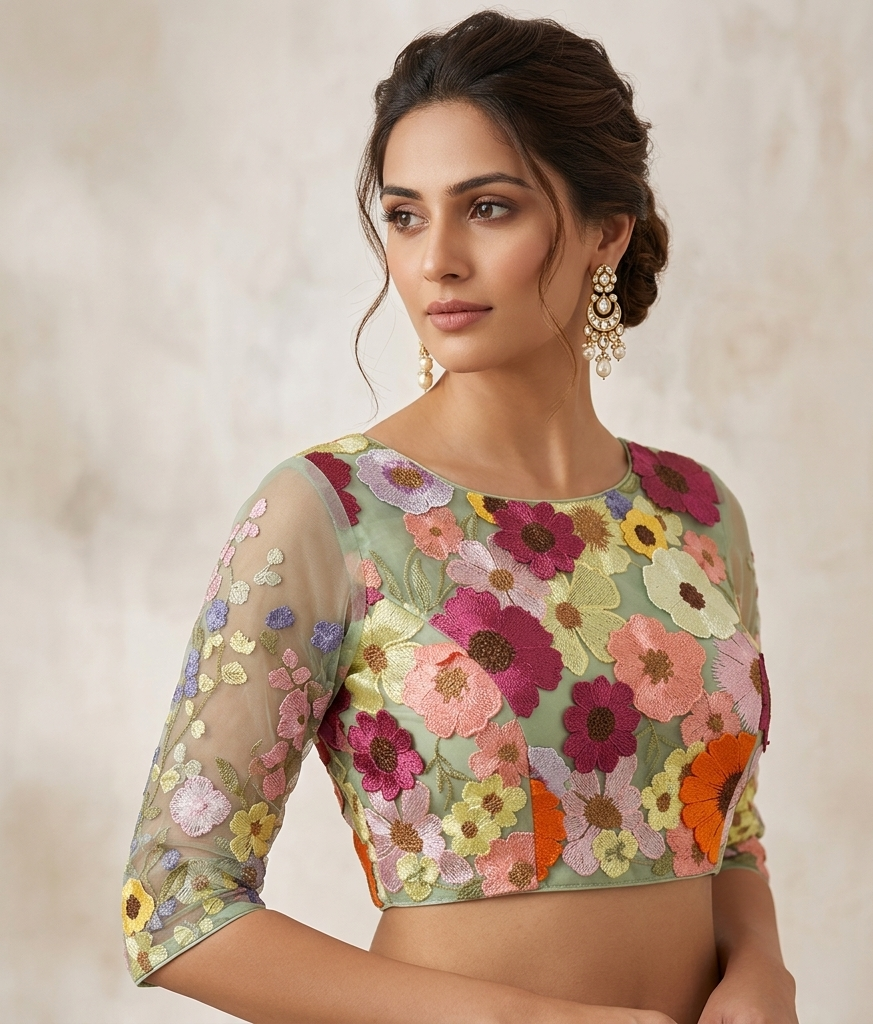 3D Floral Embroidered Long Sleeved Blouse