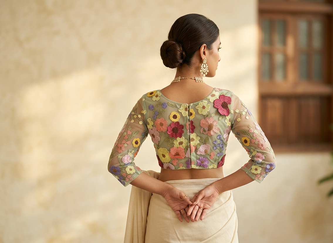 3D Floral Embroidered Long Sleeved Blouse
