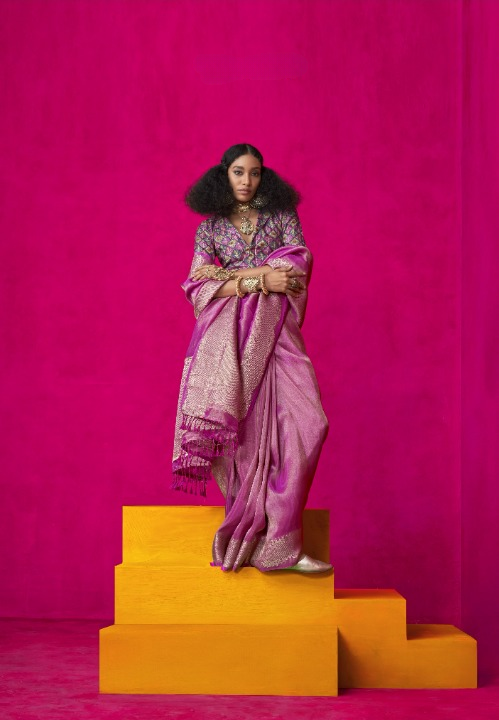 Shop Pink Zari Tissue Silk Sarees Online - STORI