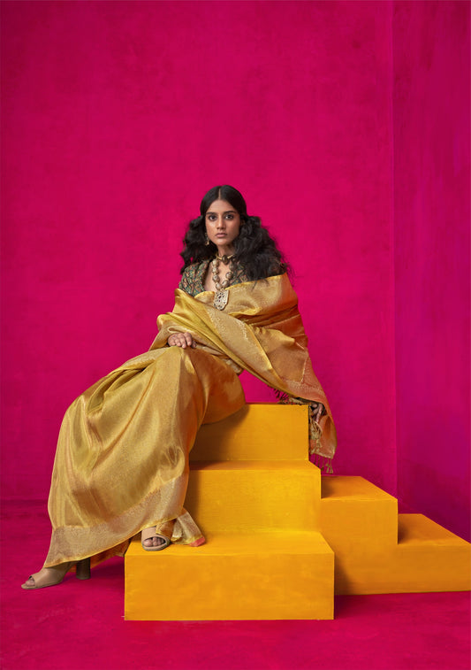 Shop Yelloew Zari Tissue Silk Sarees Online - STORI