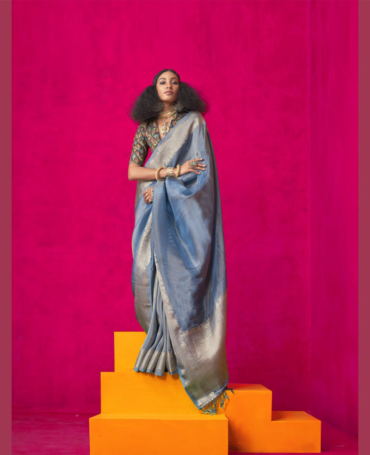 Shop Blue Zari Tissue Silk Sarees Online - STORI