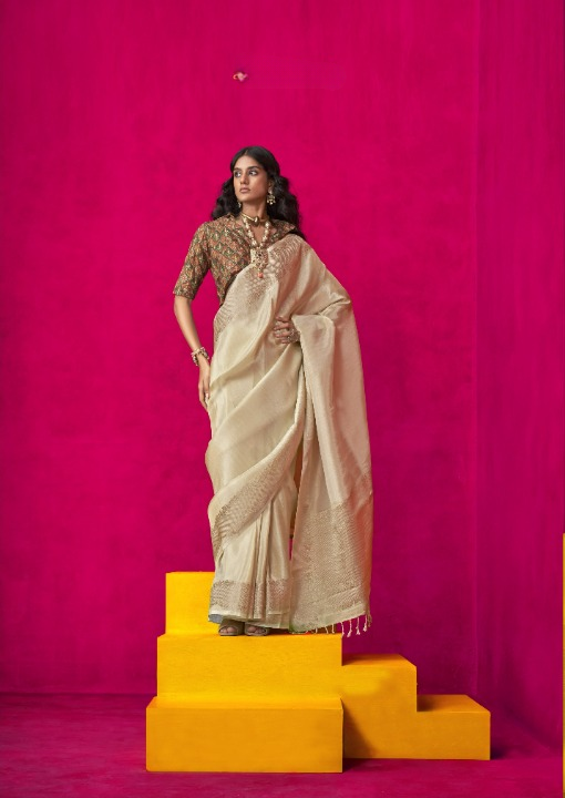 Shop Cream Zari Tissue Silk Sarees Online - STORI