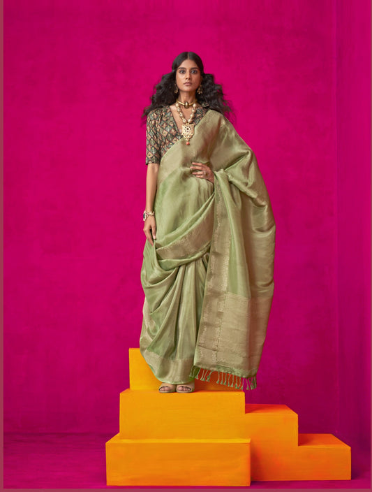 Shop Green  Zari Tissue Silk Sarees Online - STORI