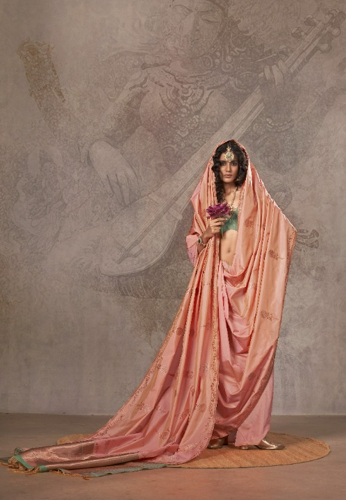 Peach Satin Silk Sarees Online-STORI