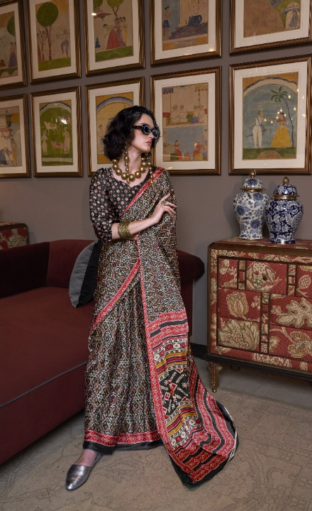 Black Patola Printed Satin Crepe Silk Saree