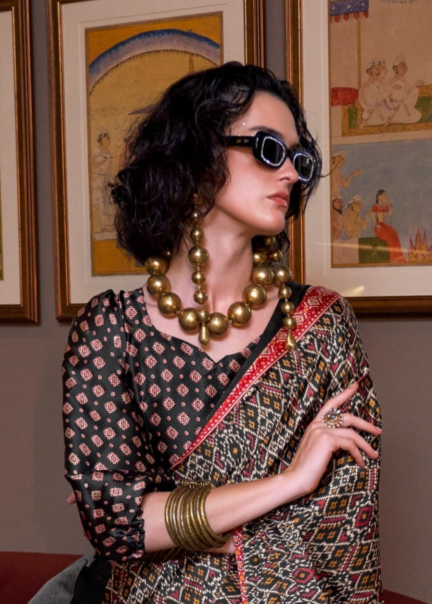 Black Patola Printed Satin Crepe Silk Saree