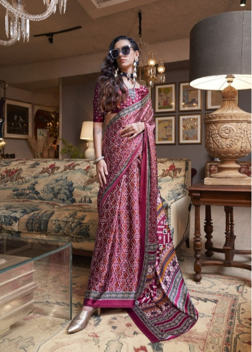 Maroon Patola Printed Satin Crepe Silk Saree