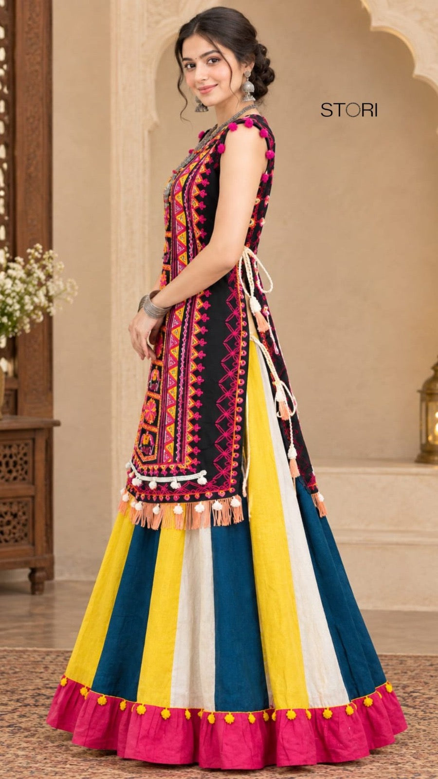 Navratri Dark green kurta with flared skirt