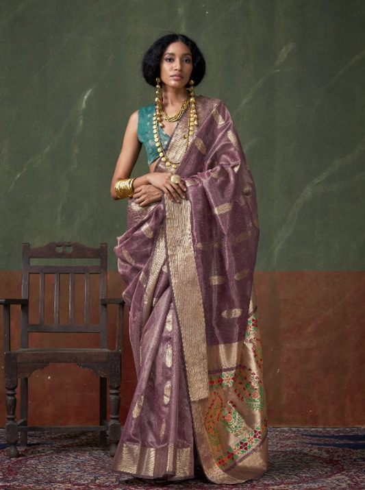 Buy Mauve Tissue With Paithani Saree Online-STORI