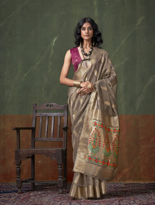 Shop Brown Tissue Silk Saree Online- STORI