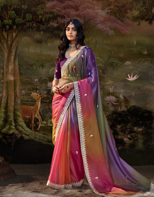 Multicolor Tissue Silk Saree With Embroidered Designer Blouse - Limited Edition