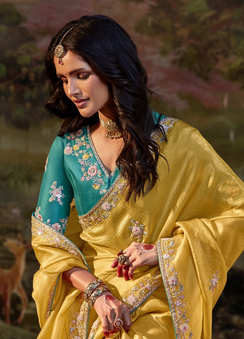 Yellow Tissue Silk Saree With Embroidered Designer Blouse