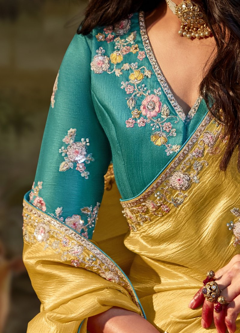 Yellow Tissue Silk Saree With Embroidered Designer Blouse