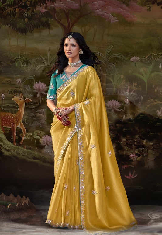 Yellow Tissue Silk Saree With Embroidered Designer Blouse