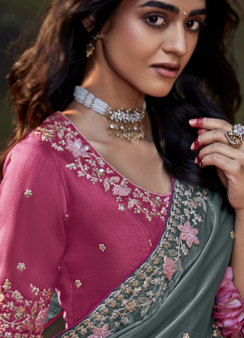 Ash Grey Tissue Silk Saree With Embroidered Designer Blouse