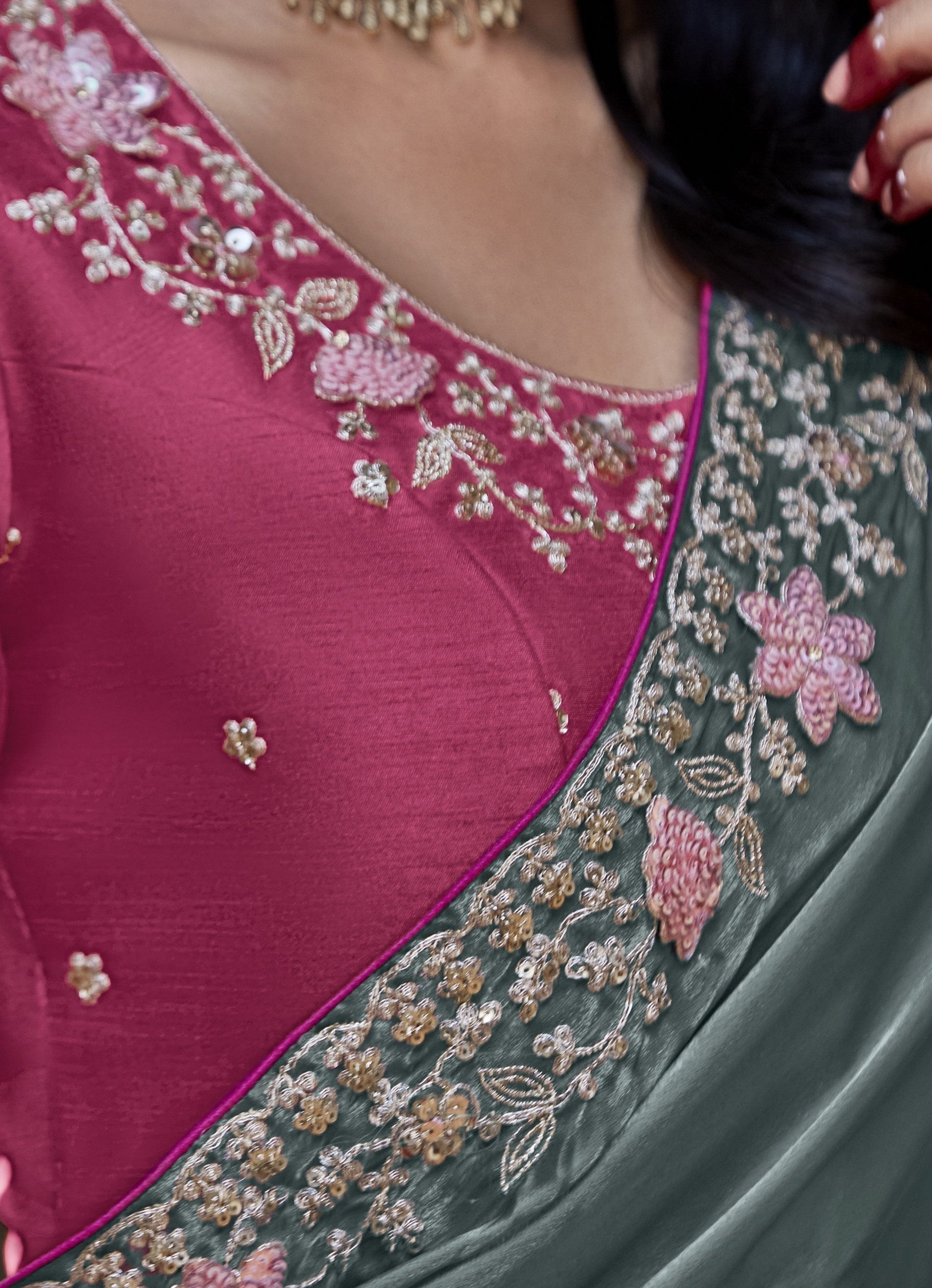 Ash Grey Tissue Silk Saree With Embroidered Designer Blouse