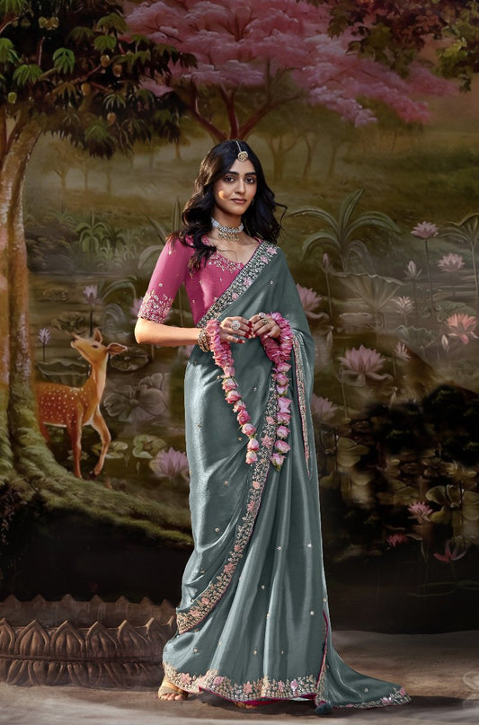 Ash Grey Tissue Silk Saree With Embroidered Designer Blouse