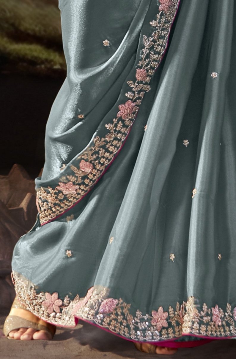 Ash Grey Tissue Silk Saree With Embroidered Designer Blouse