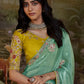 Ocean Green Tissue Silk Saree With Embroidered Designer Blouse