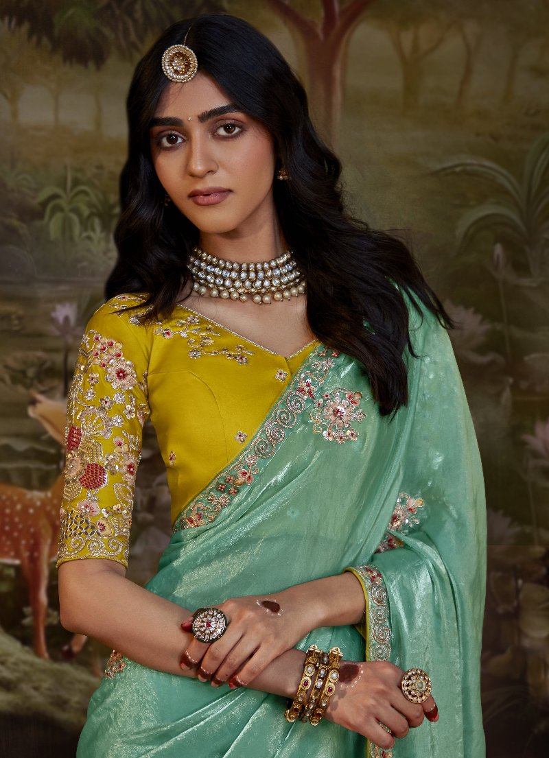 Ocean Green Tissue Silk Saree With Embroidered Designer Blouse