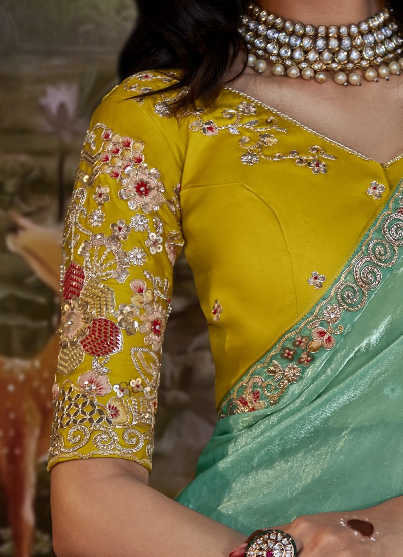 Ocean Green Tissue Silk Saree With Embroidered Designer Blouse