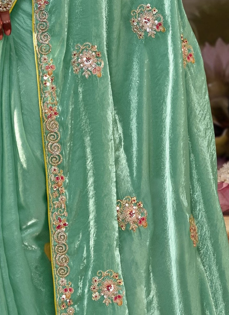 Ocean Green Tissue Silk Saree With Embroidered Designer Blouse